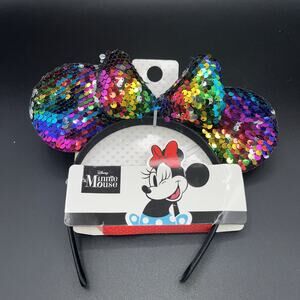 Disney Minnie Mouse Colorful Sequined Ears Headband Silver Bow Rainbow NWT
